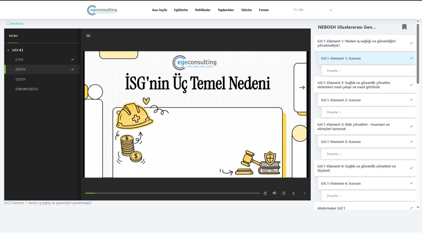 Ege Consulting NEBOSH eğitim platformu: GIC1 ders oynatıcısı ve ünite müfredatı — İSG'nin temel nedenleri sunumu