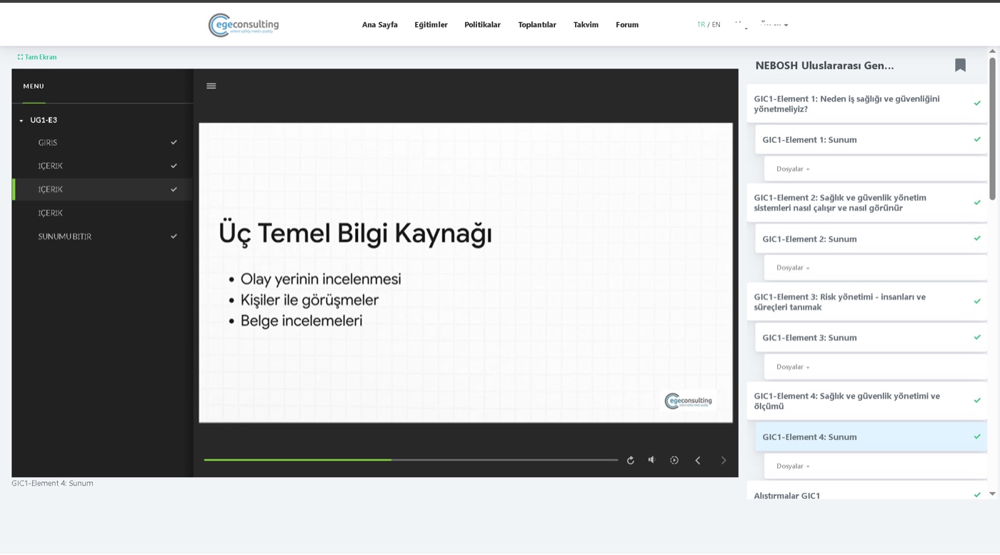 NEBOSH GIC1 olay araştırması dersi: üç temel bilgi kaynağı slaytı — Ege Consulting eğitim platformu