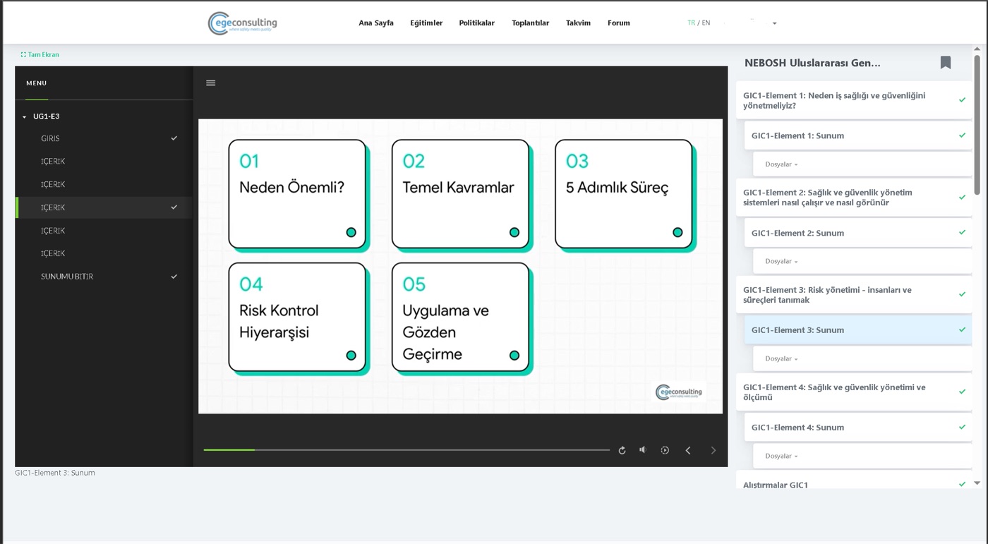Ege Consulting LMS: modül yapısı ekranı — risk kontrol hiyerarşisi ve 5 adımlık süreç bölümleri
