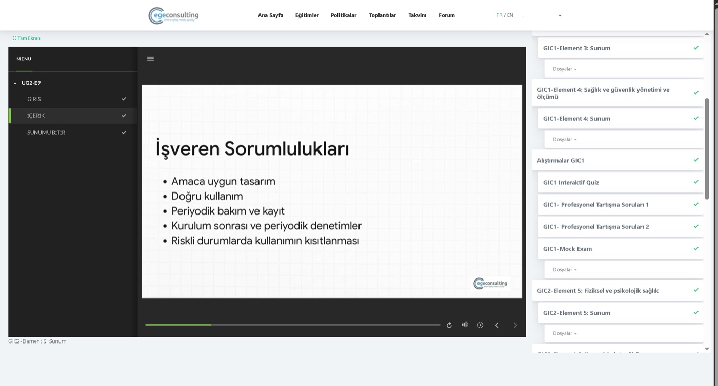 Ege Consulting LMS: GIC1 alıştırmalar ekranı — interaktif quiz, profesyonel tartışma soruları ve mock exam